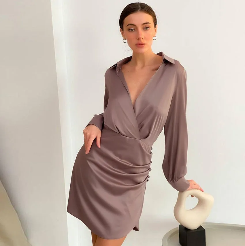 Satin Long Sleeve Deep V Neck Slim Short A Line Casual Dress