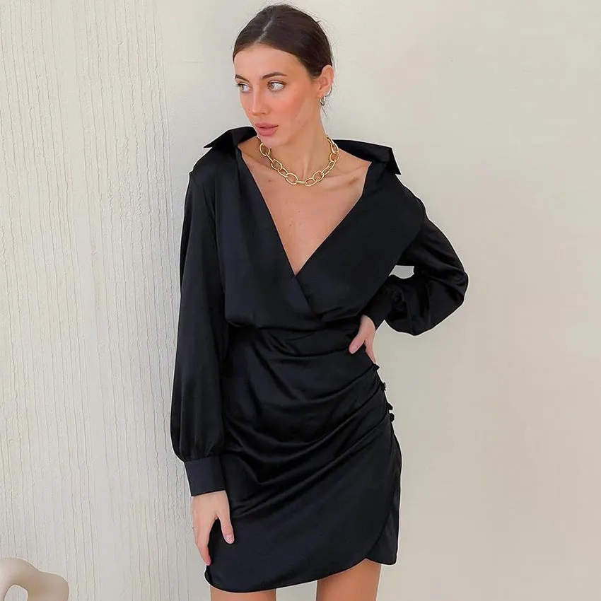 Satin Long Sleeve Deep V Neck Slim Short A Line Casual Dress