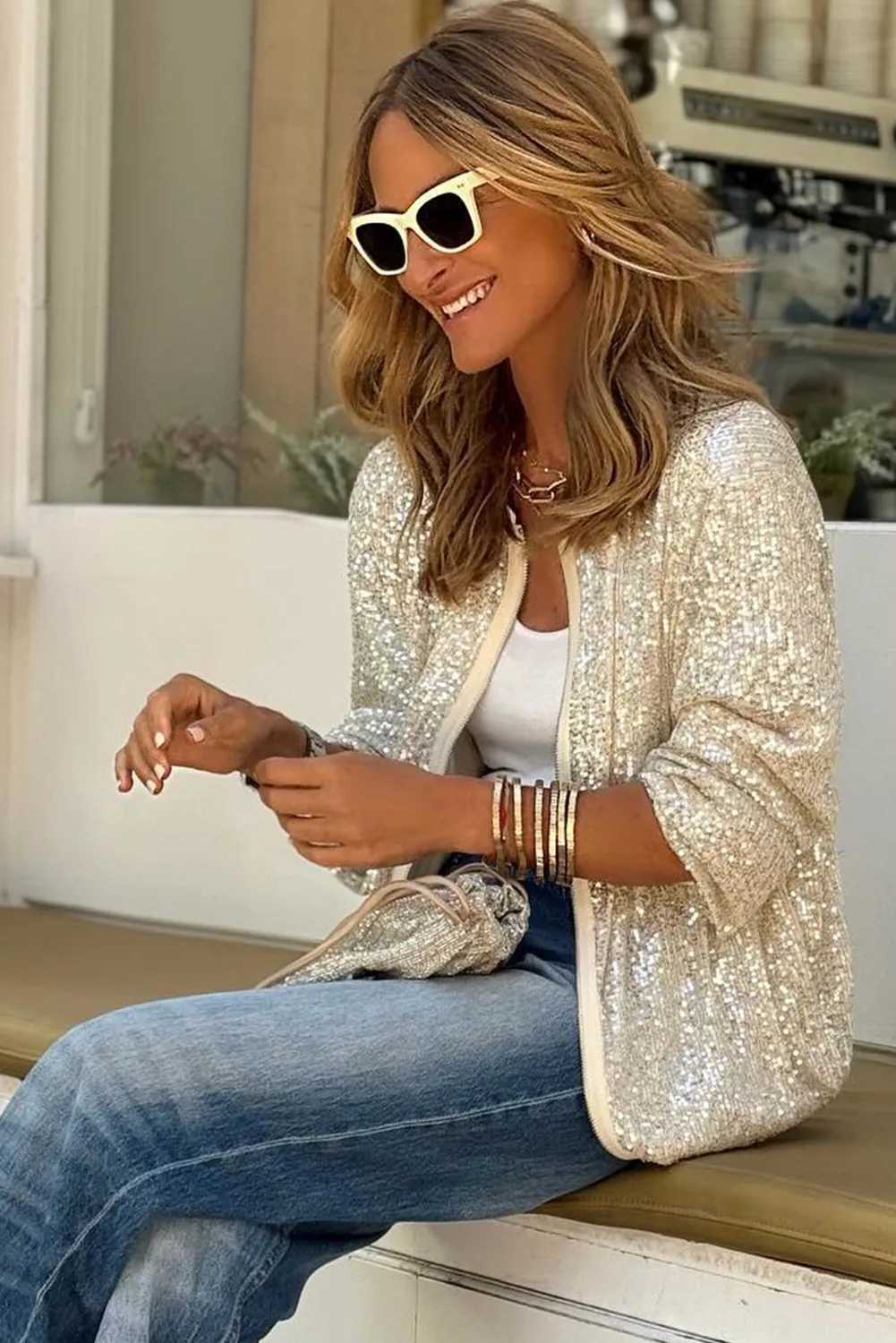 Sequin Zip up Round Neck Long Sleeve Jacket