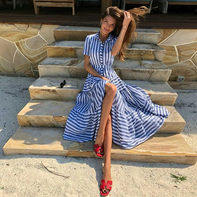 Short Sleeve Striped Flare Midi Dress