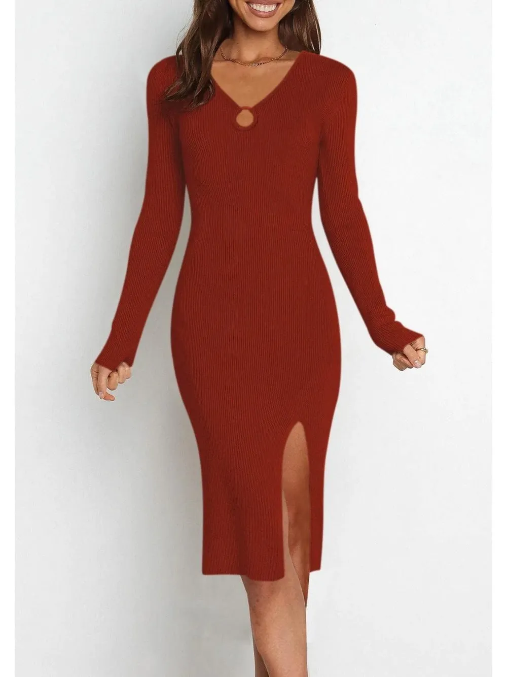 Side Slit Drawstring V Neck Bodycon Midi Dress