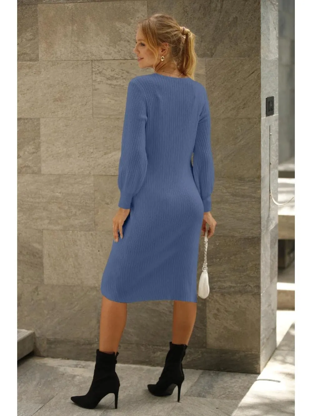 Side Slit Drawstring V Neck Bodycon Midi Dress