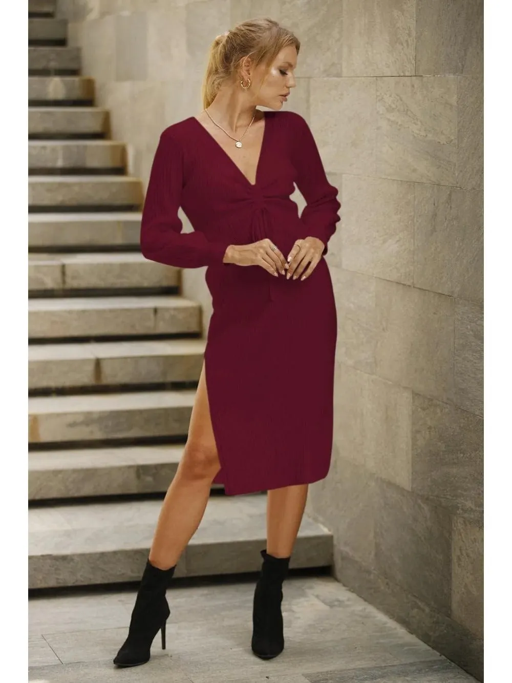 Side Slit Drawstring V Neck Bodycon Midi Dress