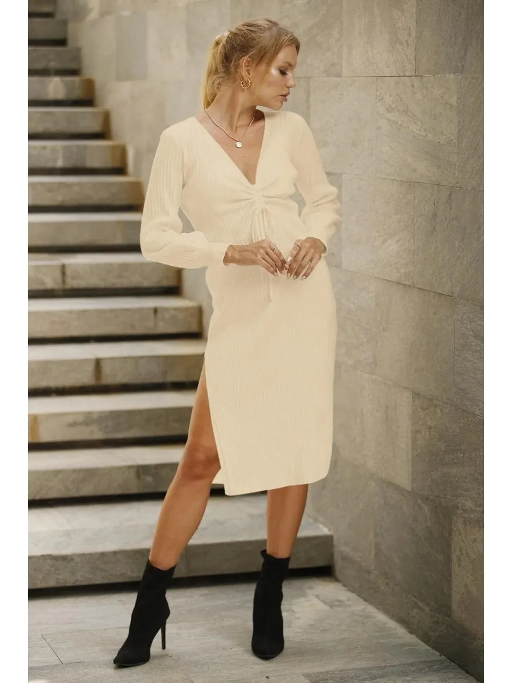 Side Slit Drawstring V Neck Bodycon Midi Dress