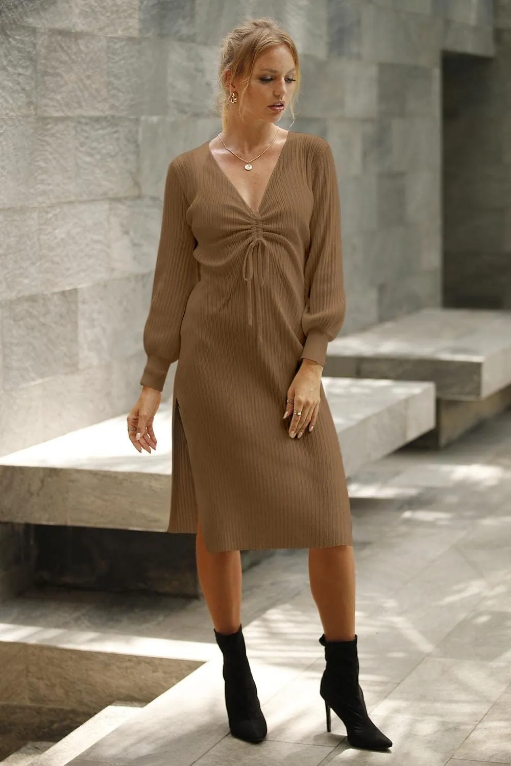 Side Slit Drawstring V Neck Bodycon Midi Dress