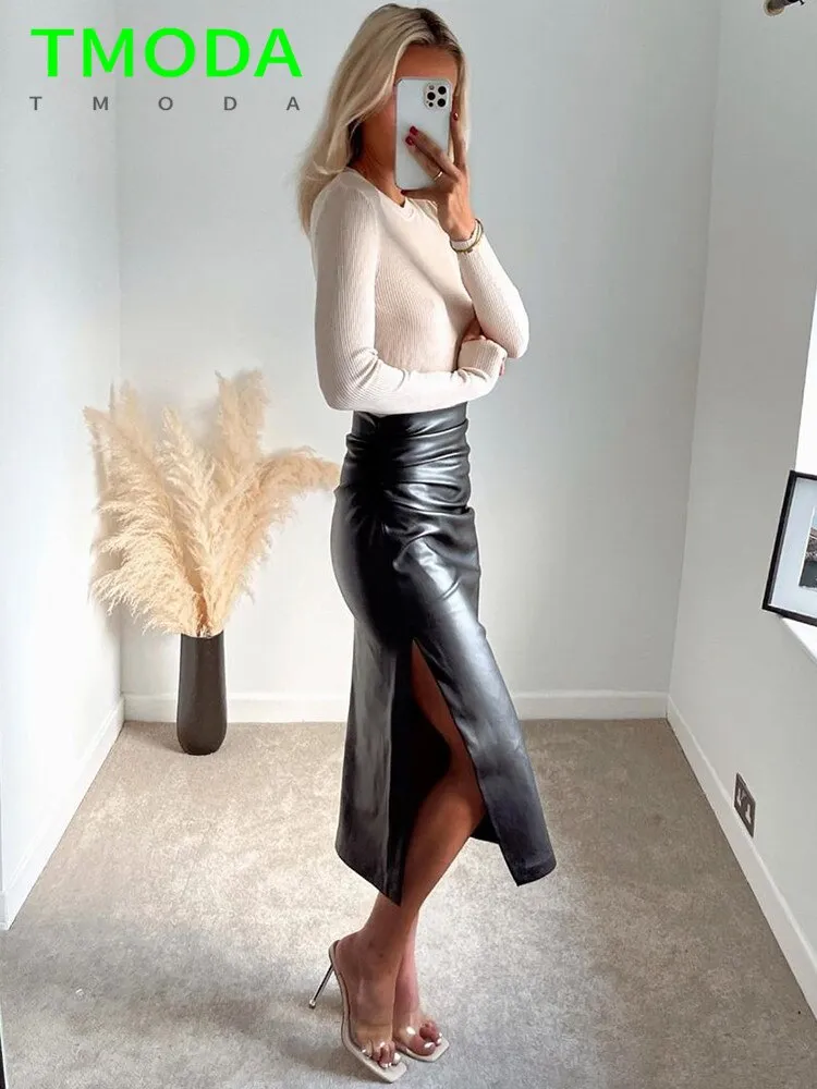 Side Slit Faux Leather Draped High Waist Back Zip Midi Pencil Skirt