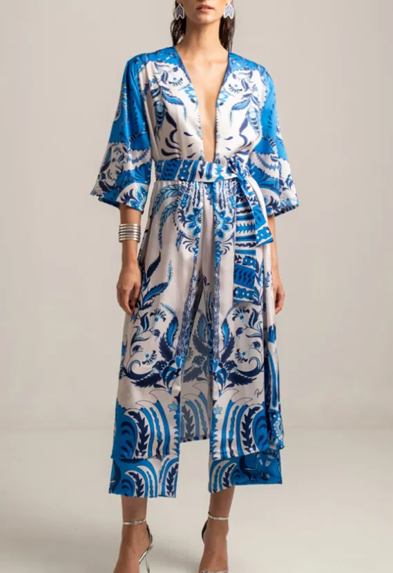 SILKY KIMONO "DAMASK" WHITE/BLUE