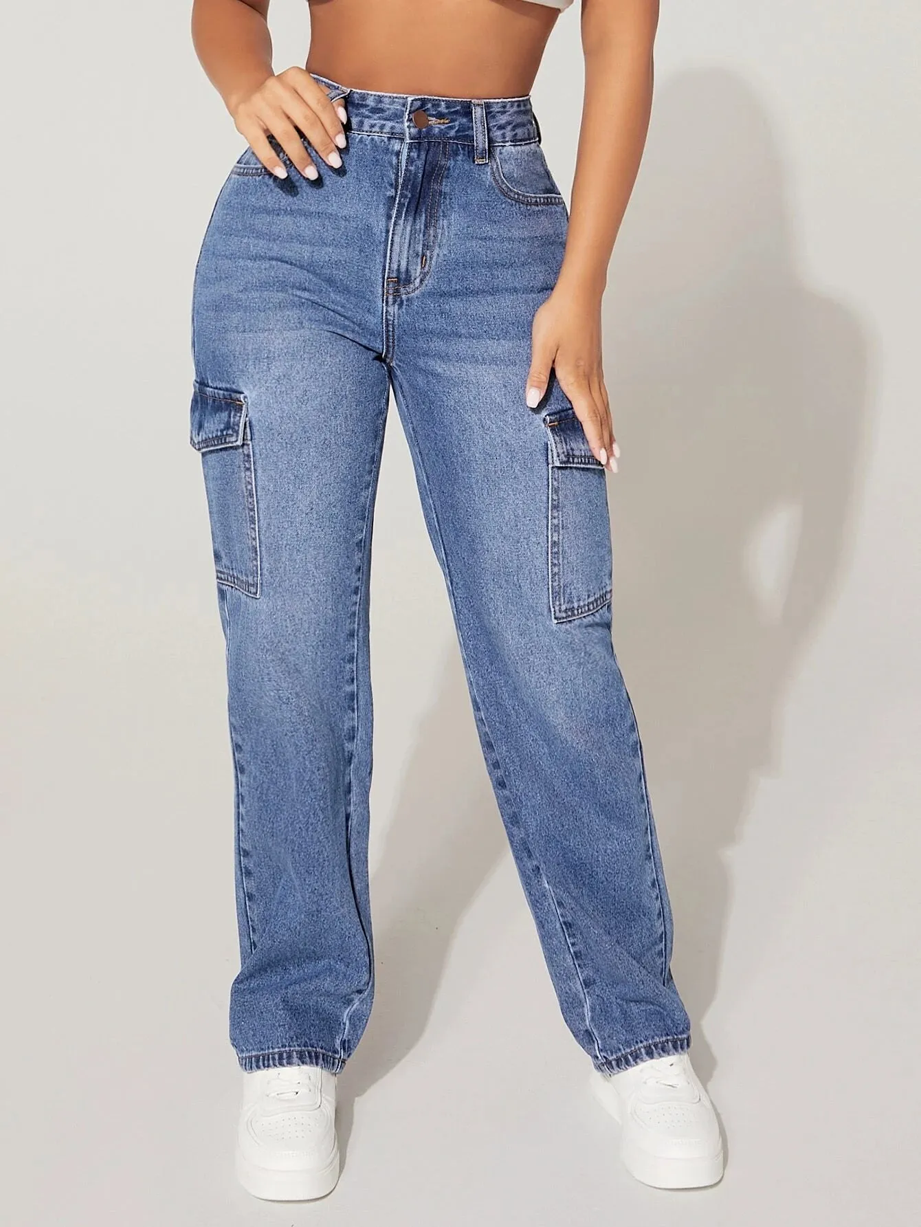 Single Button Cargo Jeans