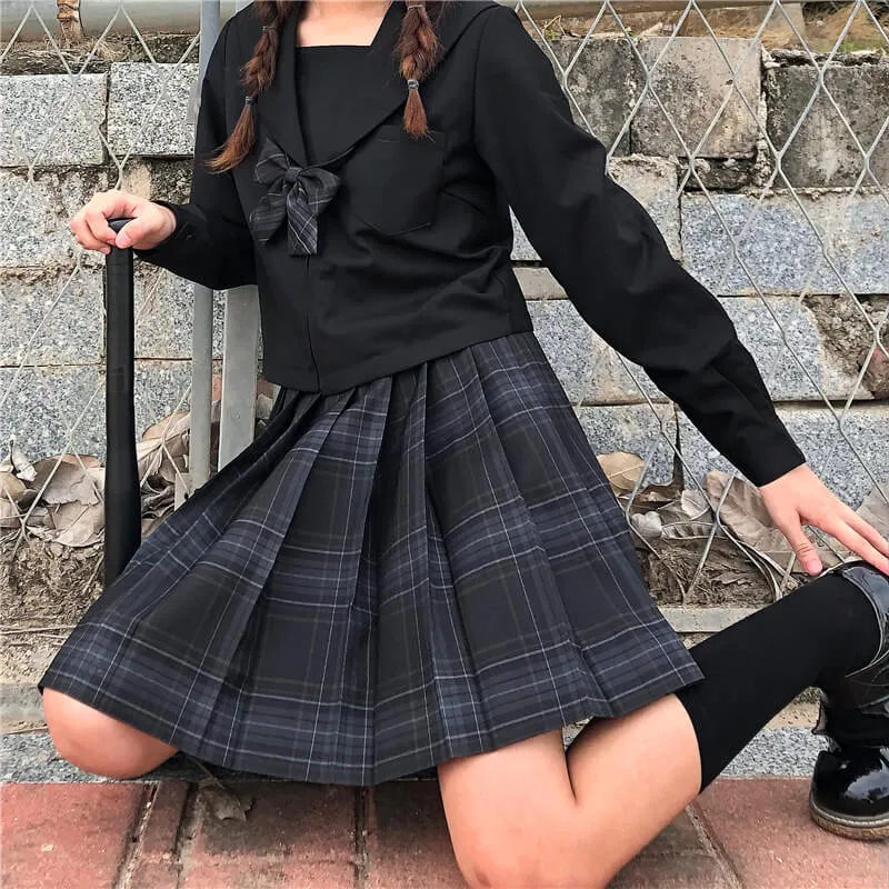 [Skirt / Bow] JK Carbon-Grey plaid uniform skirt