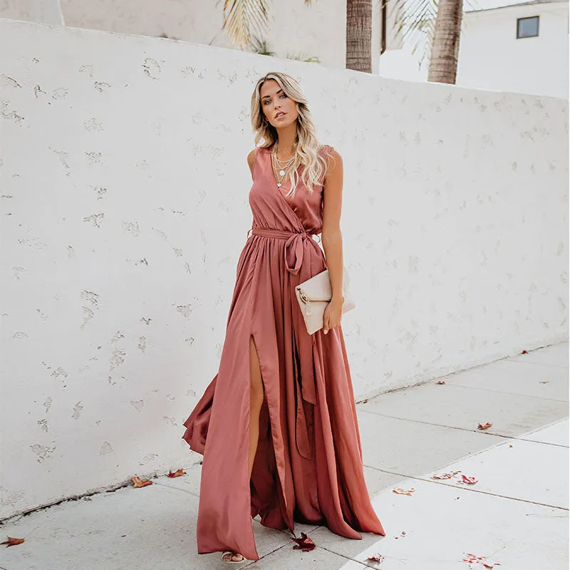 Sleeveless Belted Slit Maxi Dress