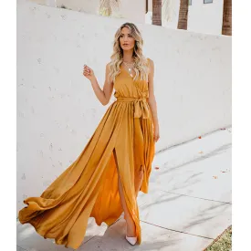 Sleeveless Belted Slit Maxi Dress