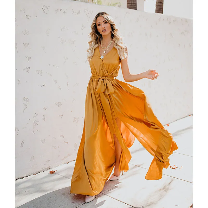 Sleeveless Belted Slit Maxi Dress