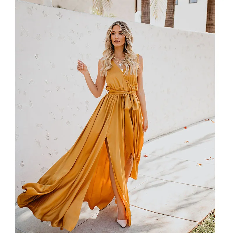 Sleeveless Belted Slit Maxi Dress