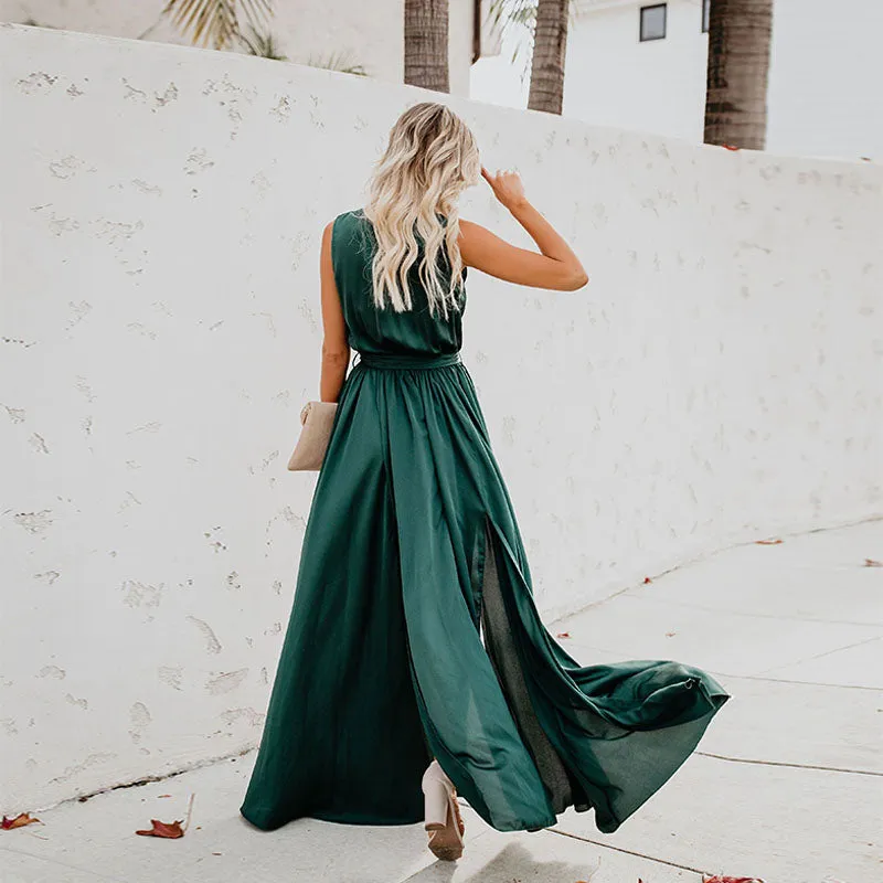 Sleeveless Belted Slit Maxi Dress