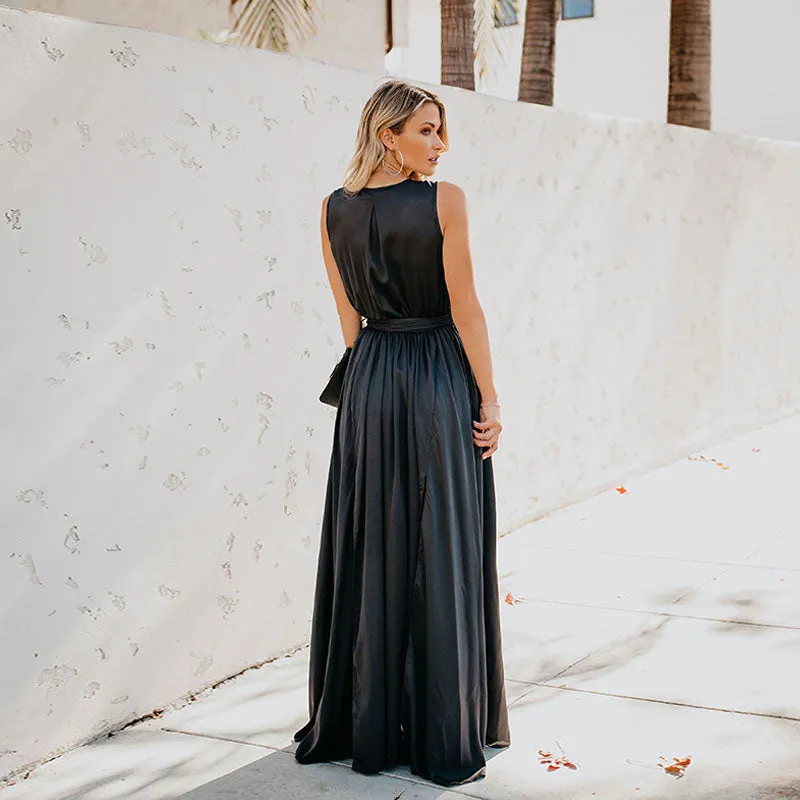 Sleeveless Belted Slit Maxi Dress