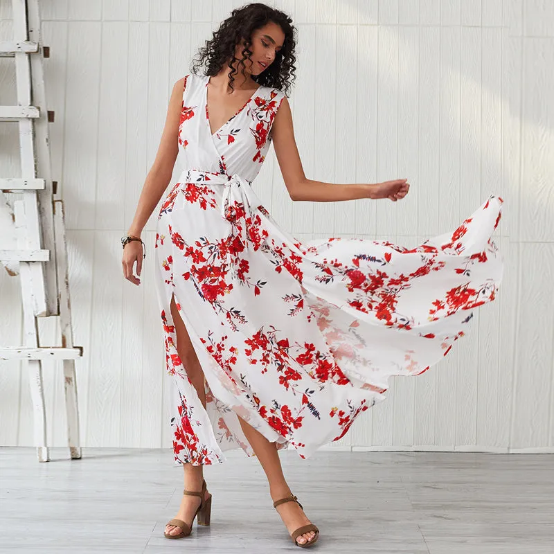 Sleeveless V Neck Belted Maxi Floral Dress