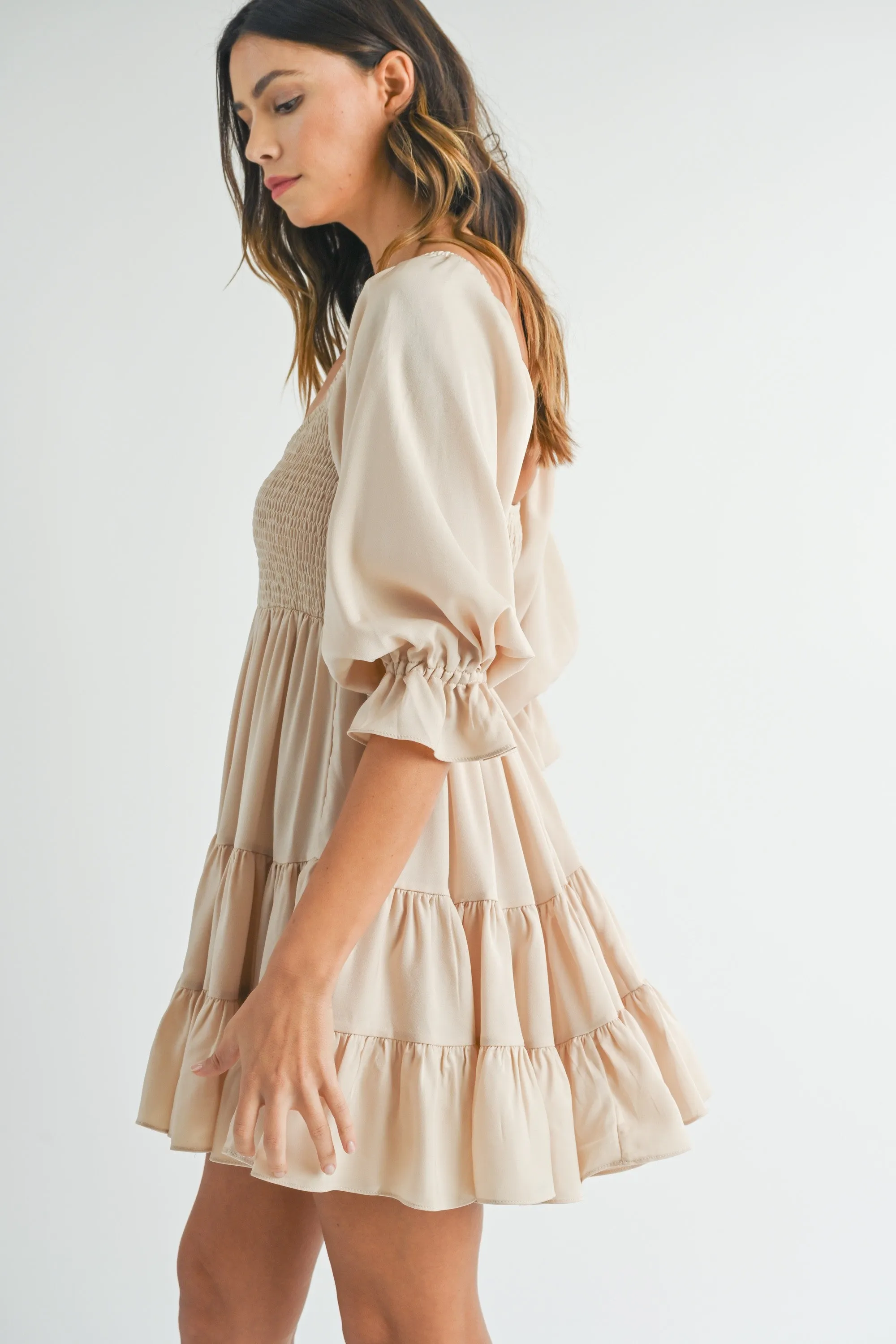 Sloane Ruffle Tier Beige Baby Doll Dress