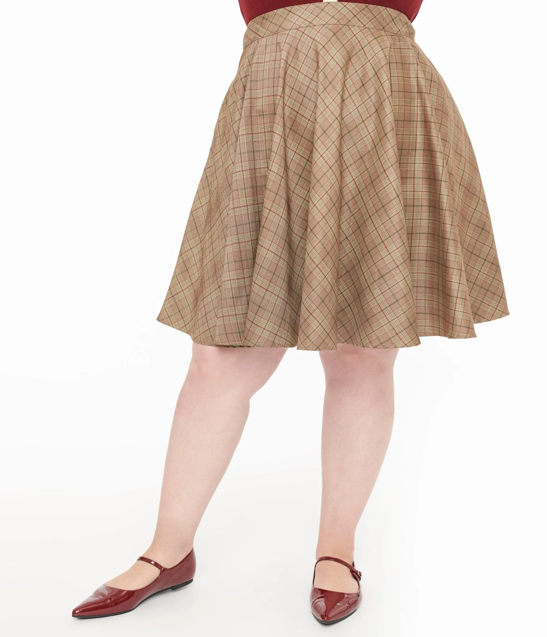 Smak Parlour Plus Size 1960s Brown & Green Plaid Scene Flare Skirt