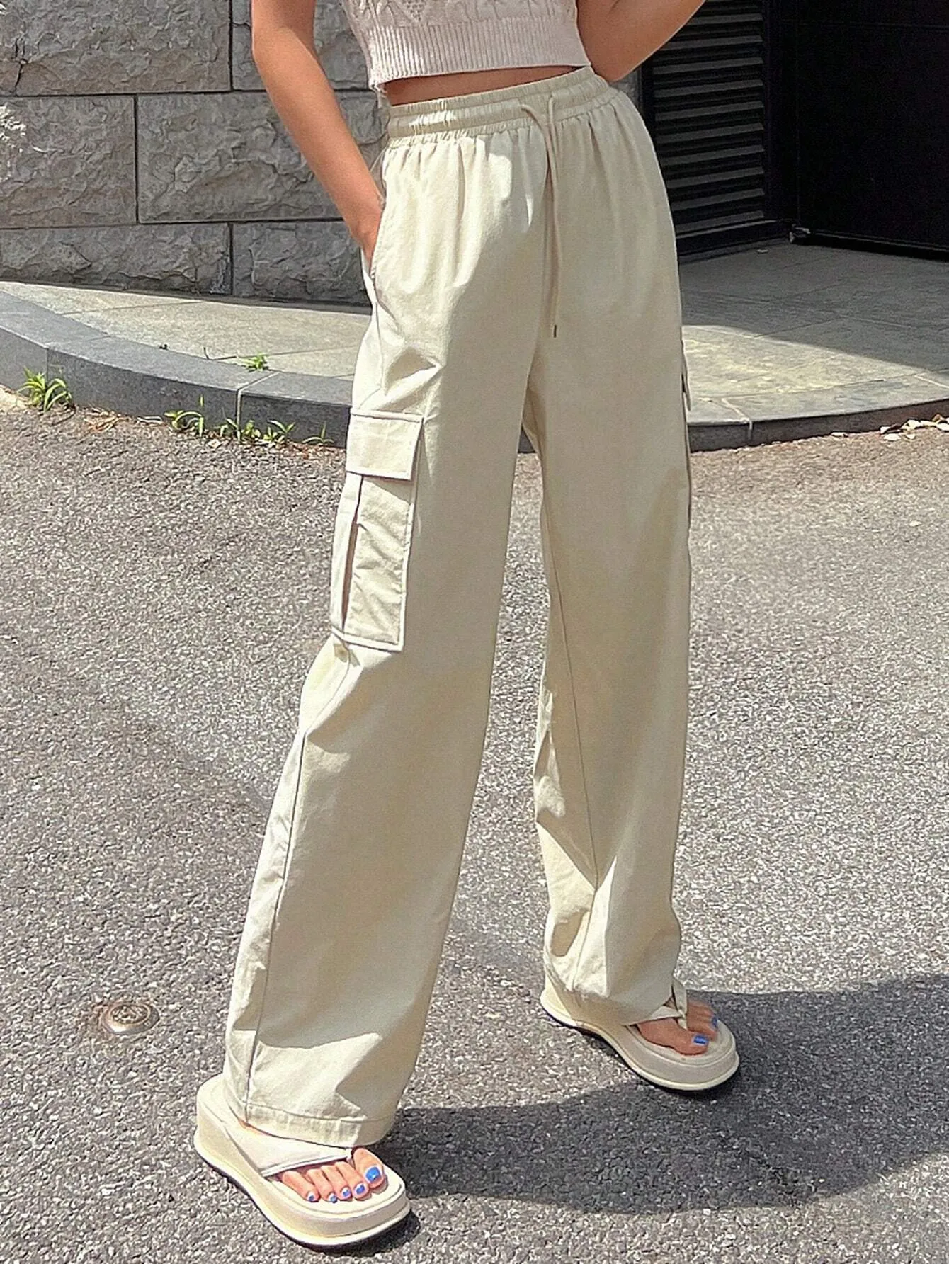 Solid Color Drawstring Waist Flap Pocket Side Cargo Pants