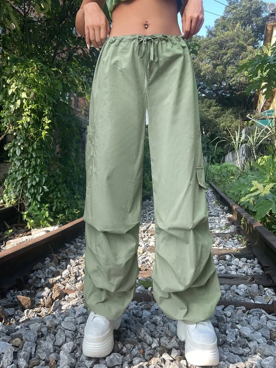 Solid Drawstring Waist Cargo Parachute Pants