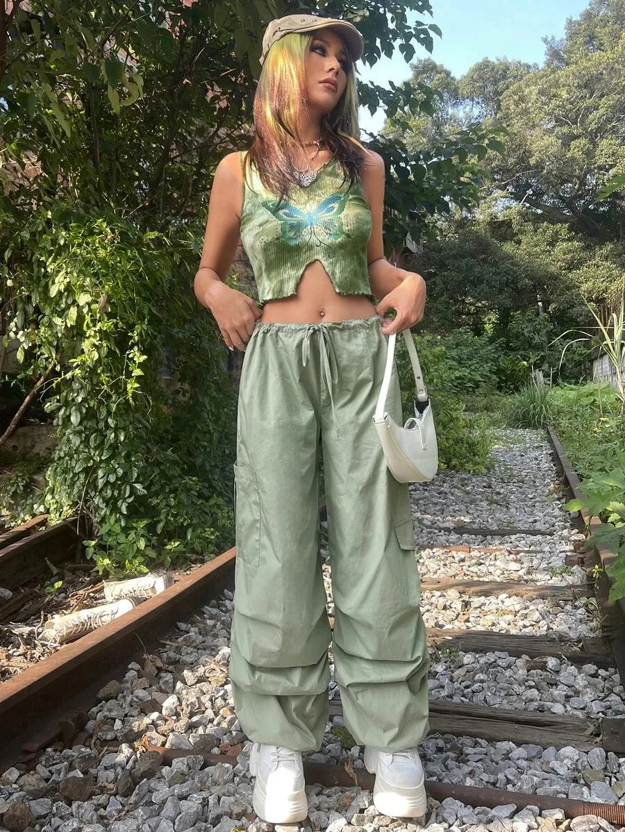 Solid Drawstring Waist Cargo Parachute Pants