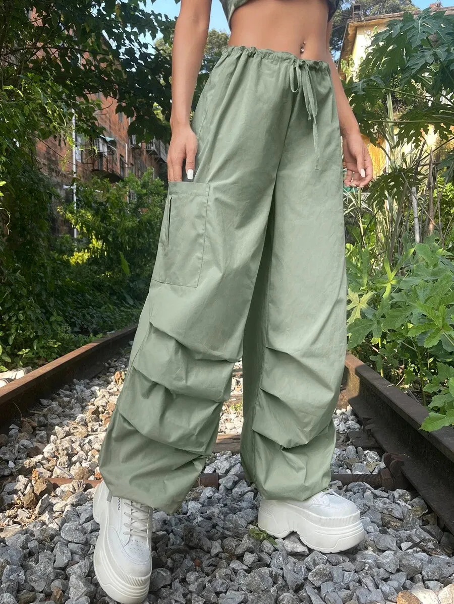 Solid Drawstring Waist Cargo Parachute Pants