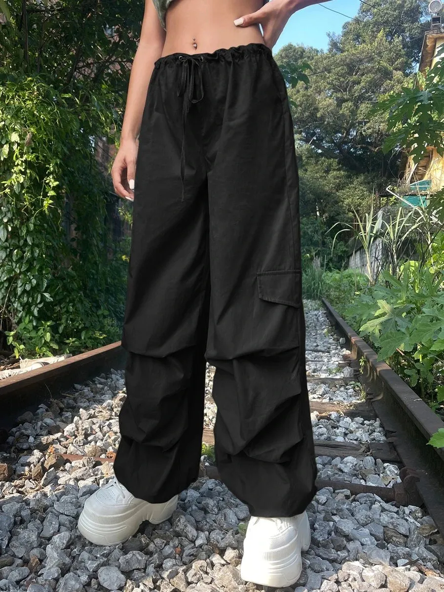 Solid Drawstring Waist Cargo Parachute Pants