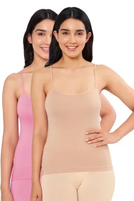 Solid High Coverage Round Neck Cotton Camisole (Pack of 2) - Nude - Wild Rose