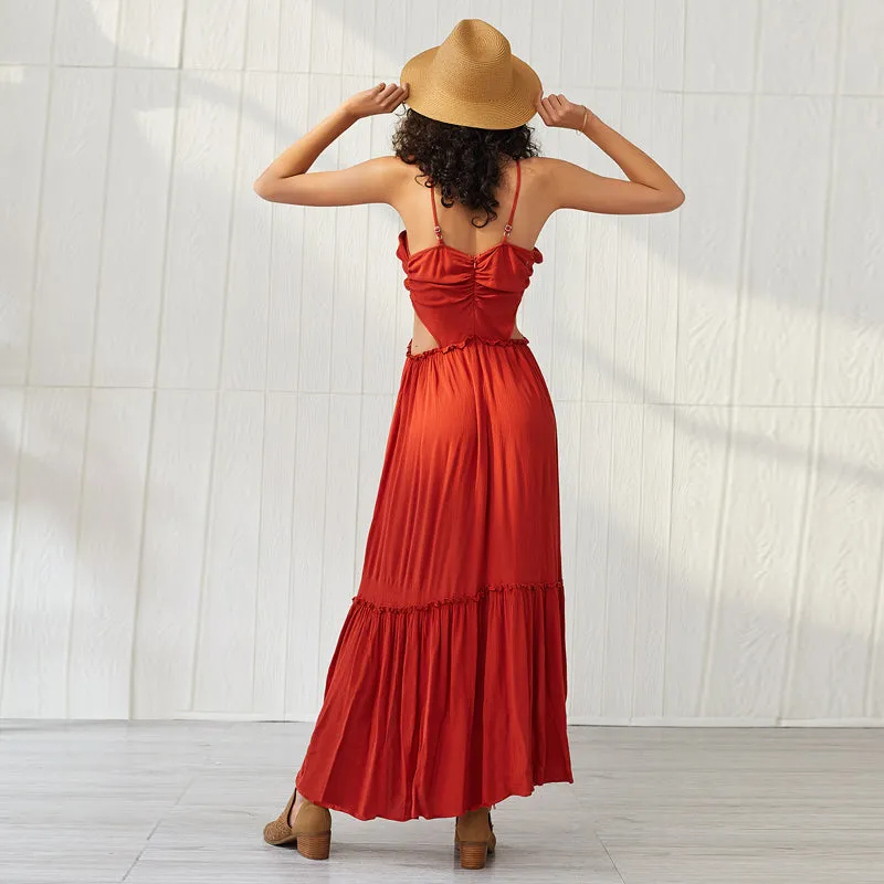 Spaghetti strap sexy v neck backless dress