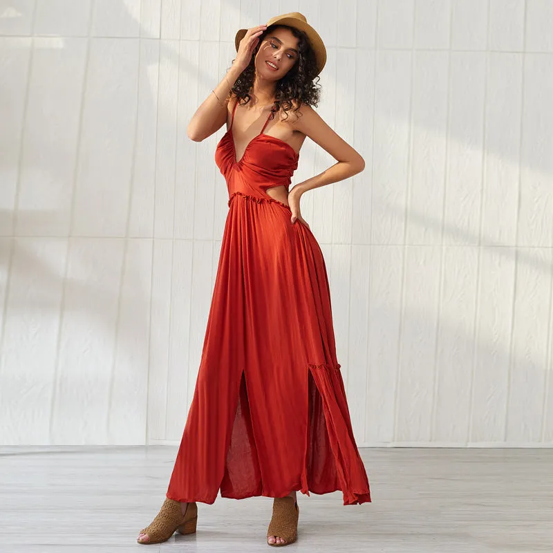 Spaghetti strap sexy v neck backless dress