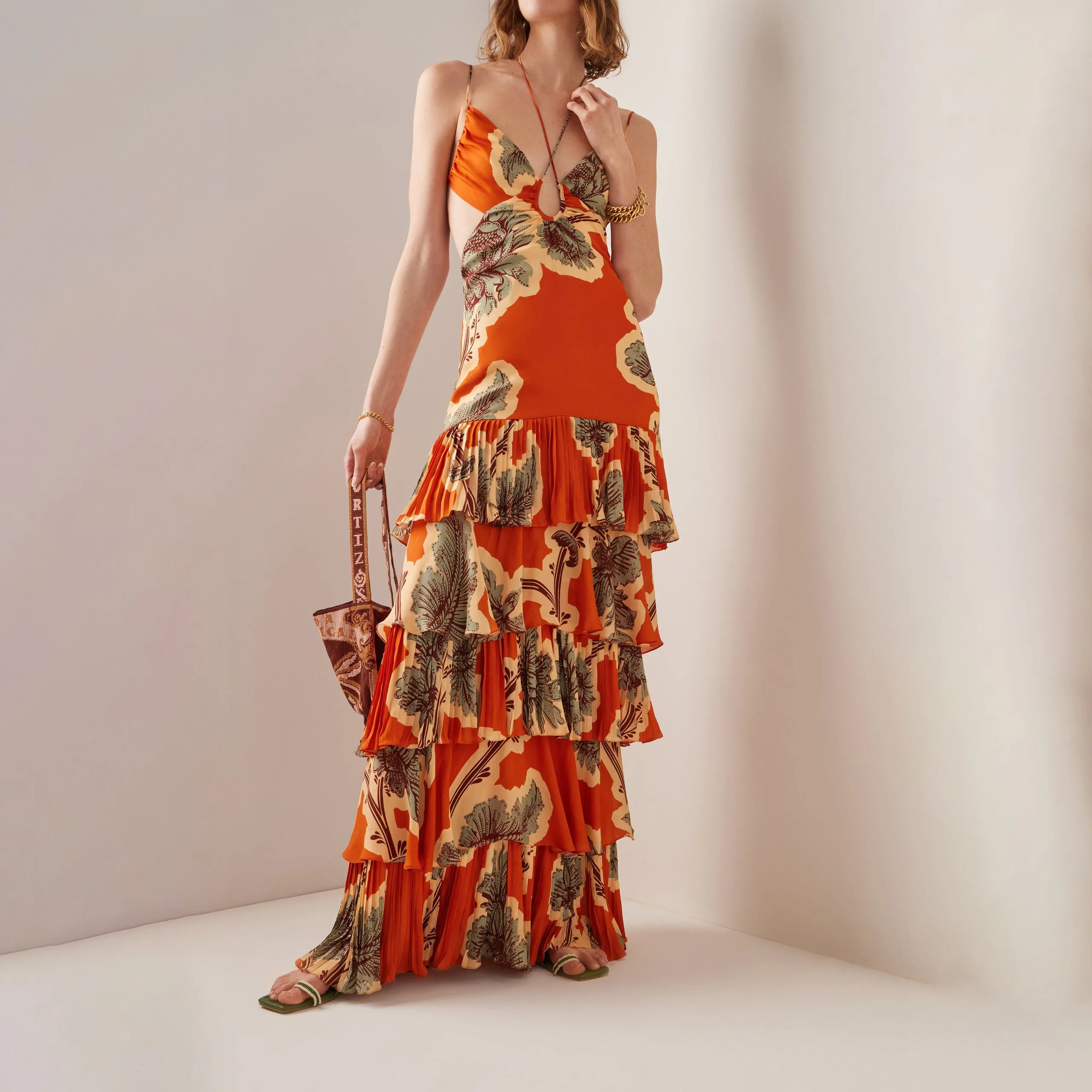 Spaghetti Tiered Print Ruffle Maxi Boho Casual Dress