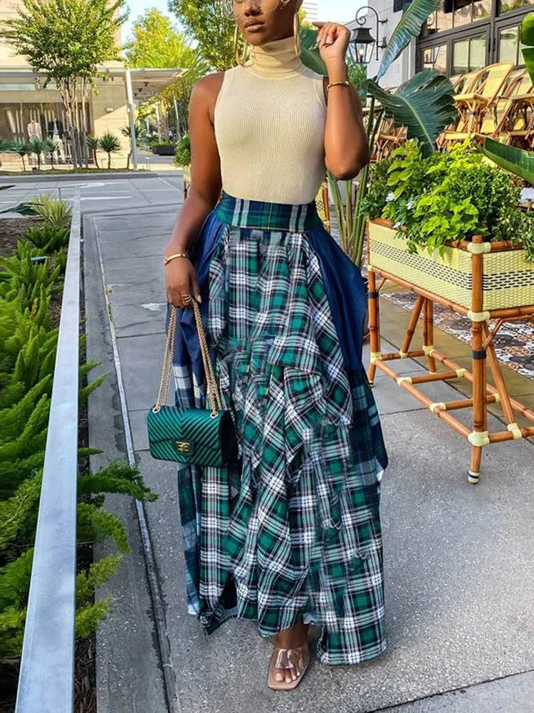 Splicing Print Plaid Loose Skirt