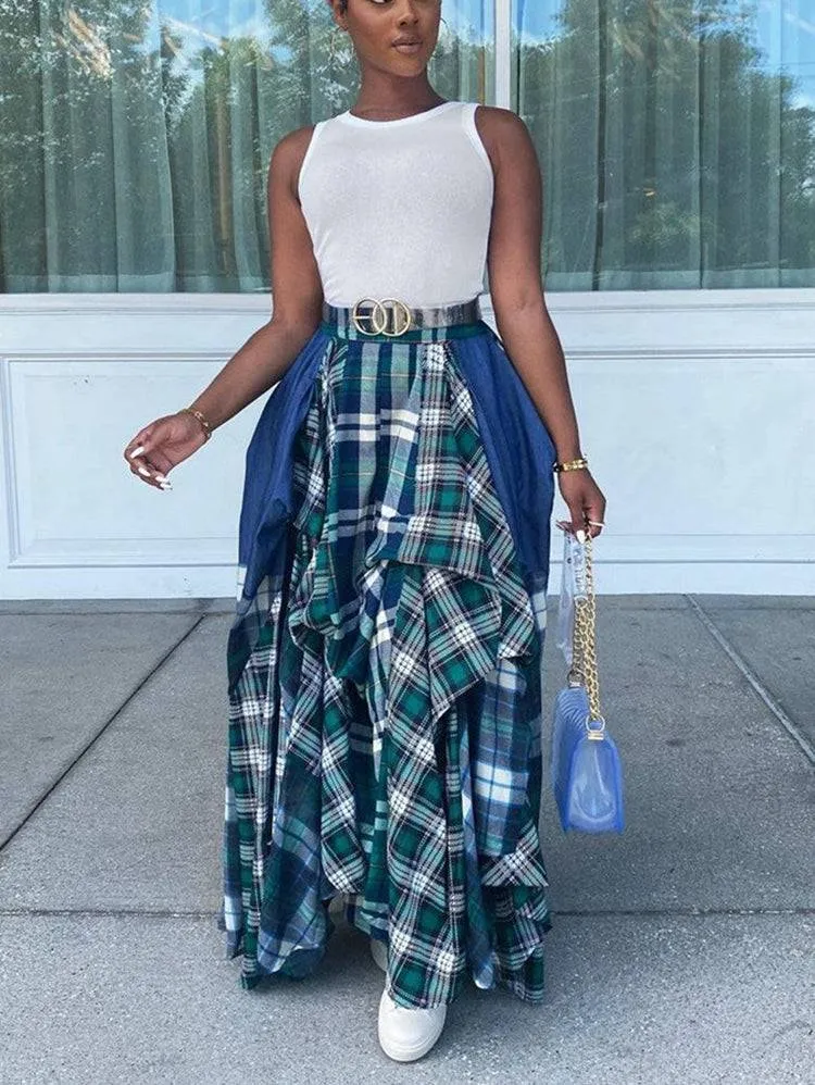 Splicing Print Plaid Loose Skirt