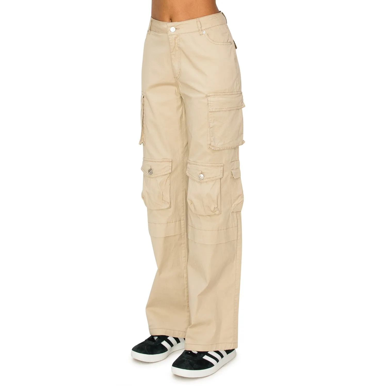 Stretch Twill Low Rise Multi Pockets Cargo Pants - Khaki