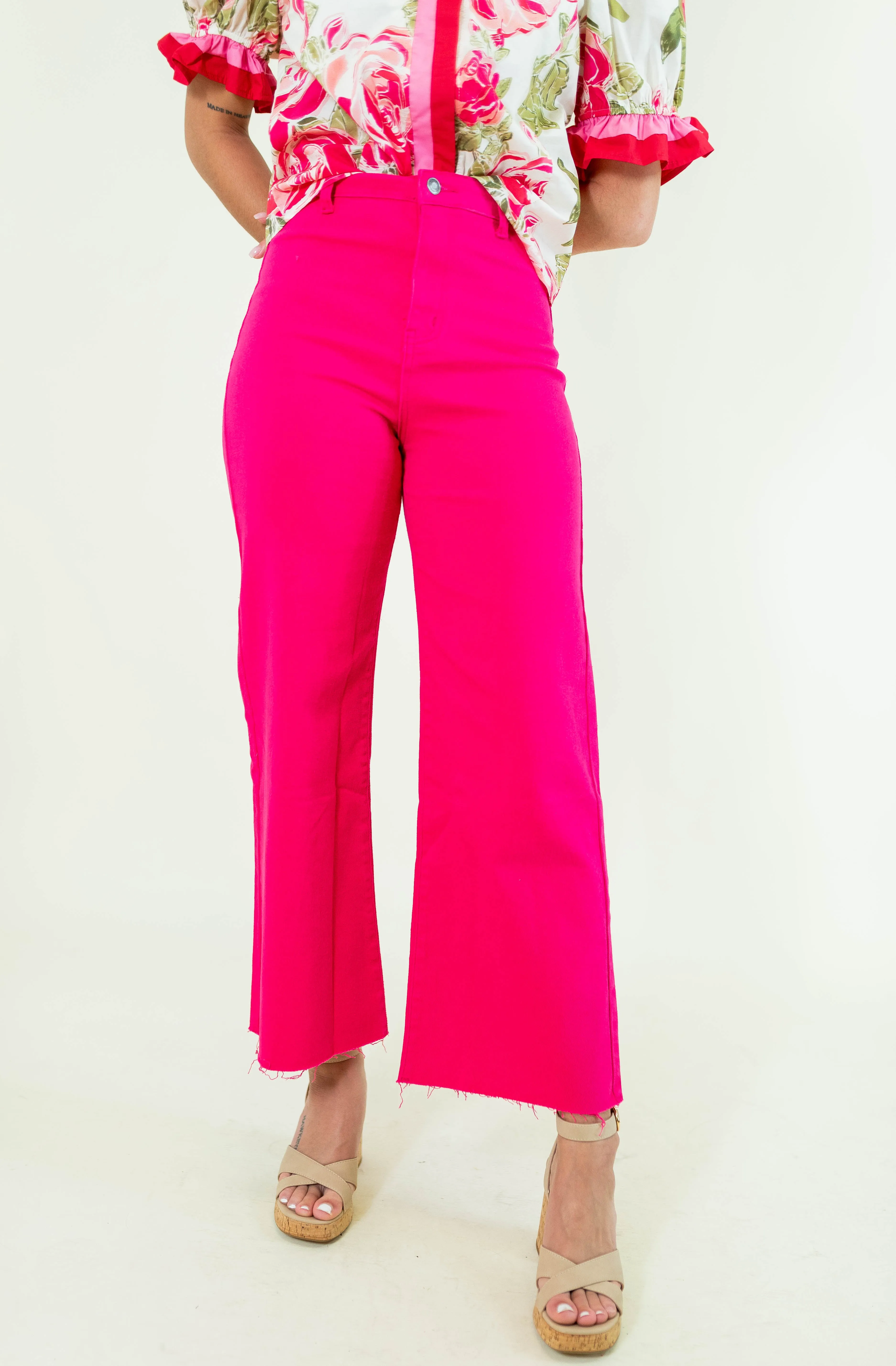 Stretch Wide Leg Jeans - Hot Pink