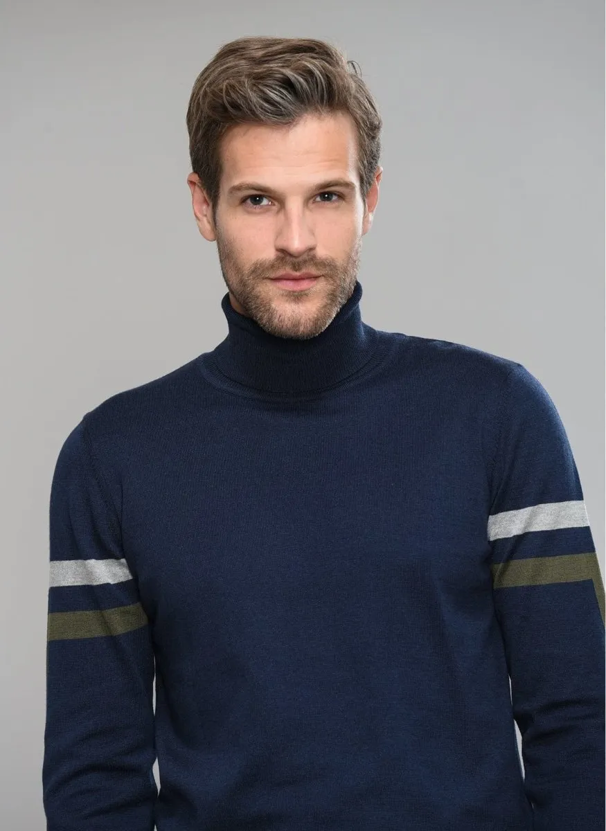 Striped-Sleeve Turtle Neck Sweater in Navy