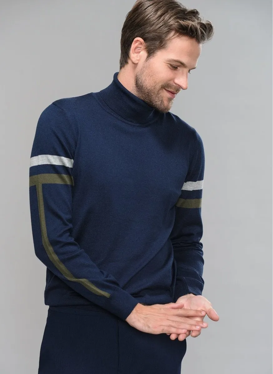 Striped-Sleeve Turtle Neck Sweater in Navy