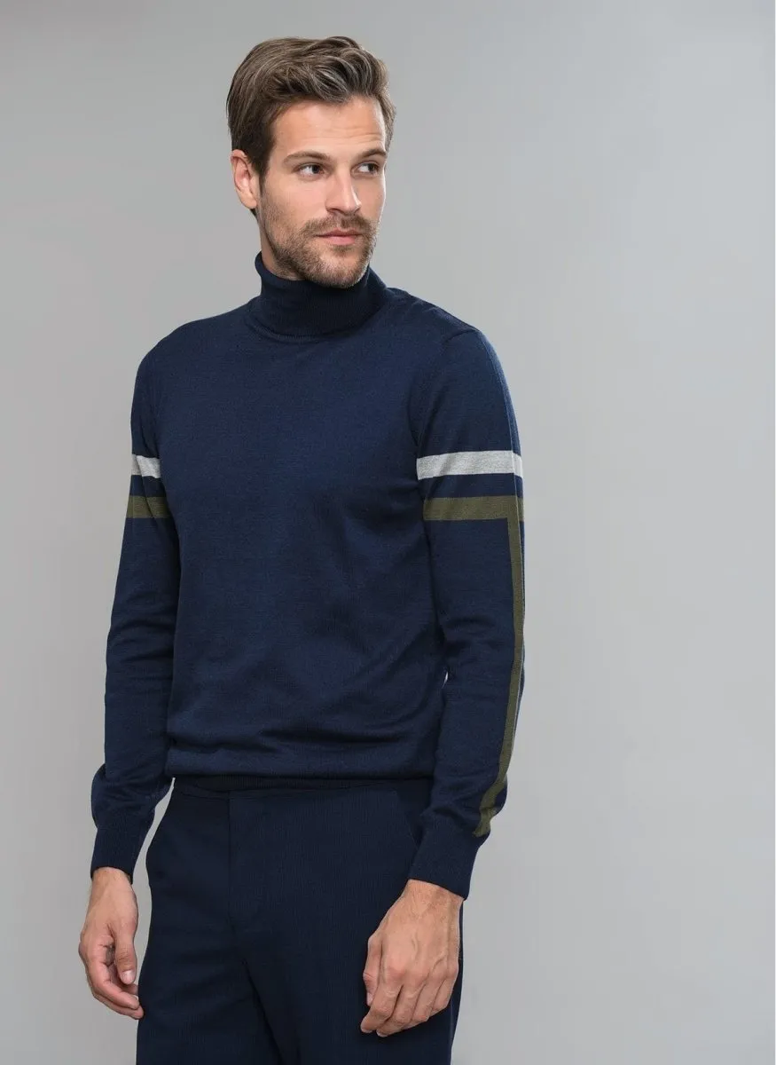 Striped-Sleeve Turtle Neck Sweater in Navy