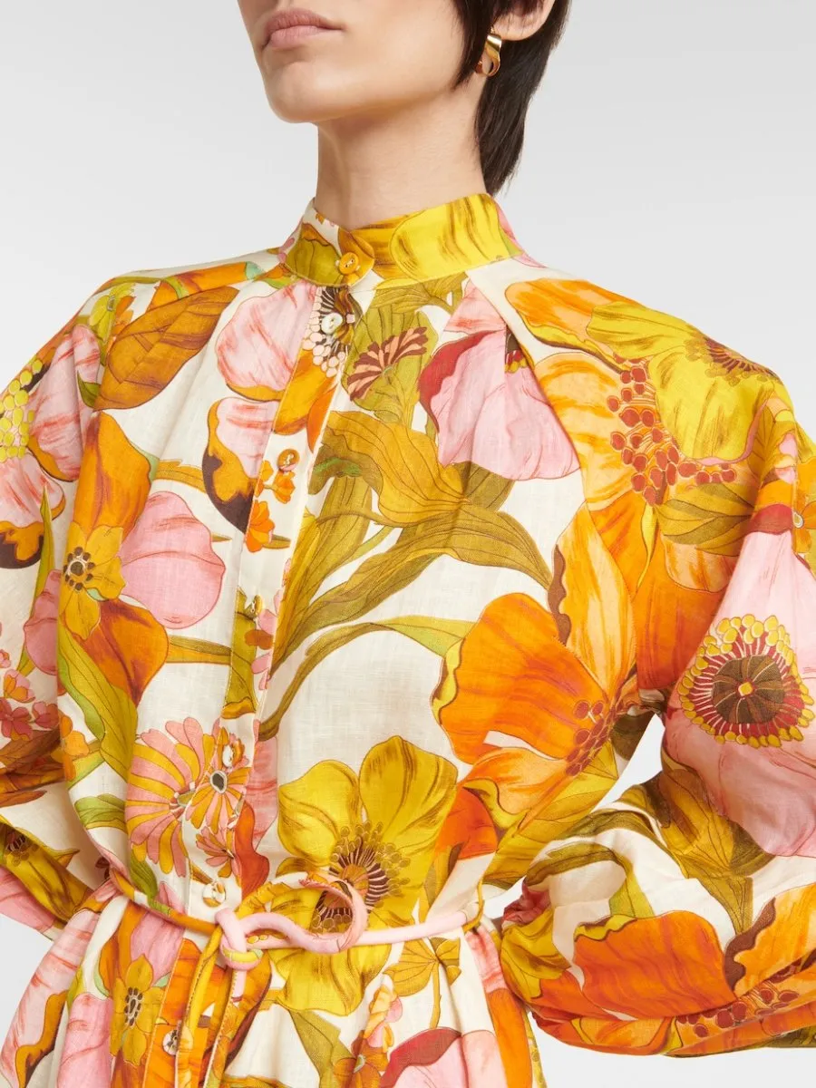 Sunflower Print Linen Shirt Dress