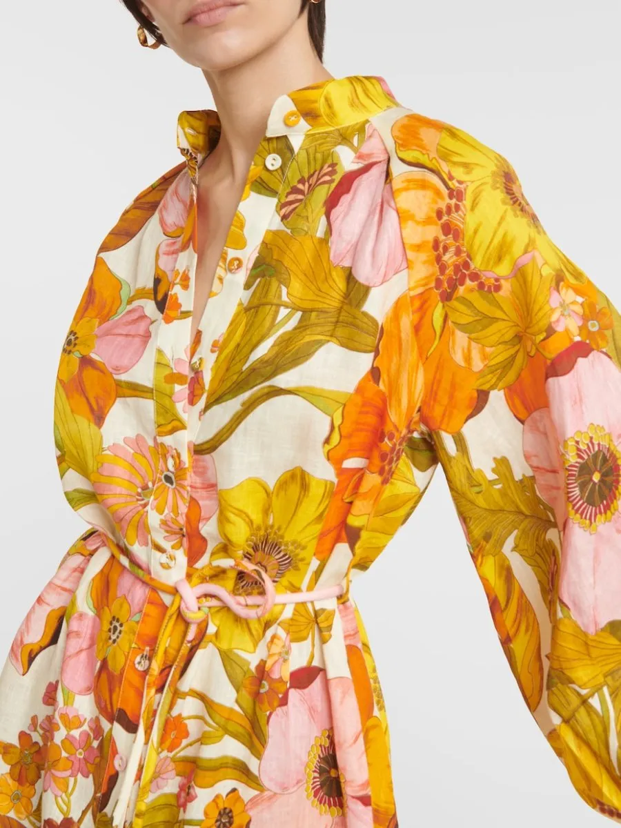 Sunflower Print Linen Shirt Dress