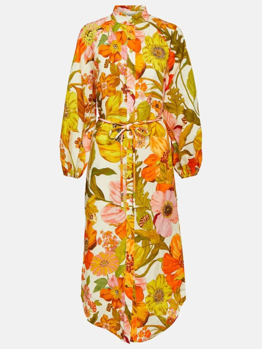 Sunflower Print Linen Shirt Dress