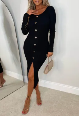 Take My Heart Black Gold Heart Button Long Sleeve Knitted Midi Dress