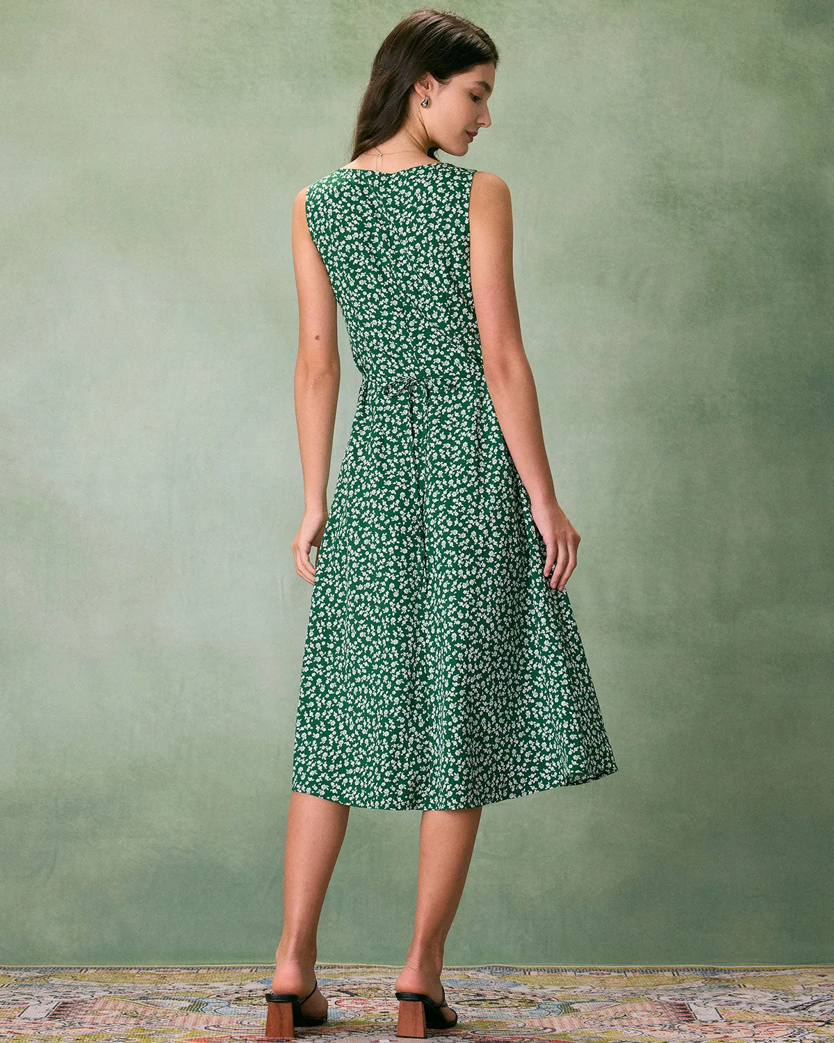 The Green V Neck Floral Button Midi Dress