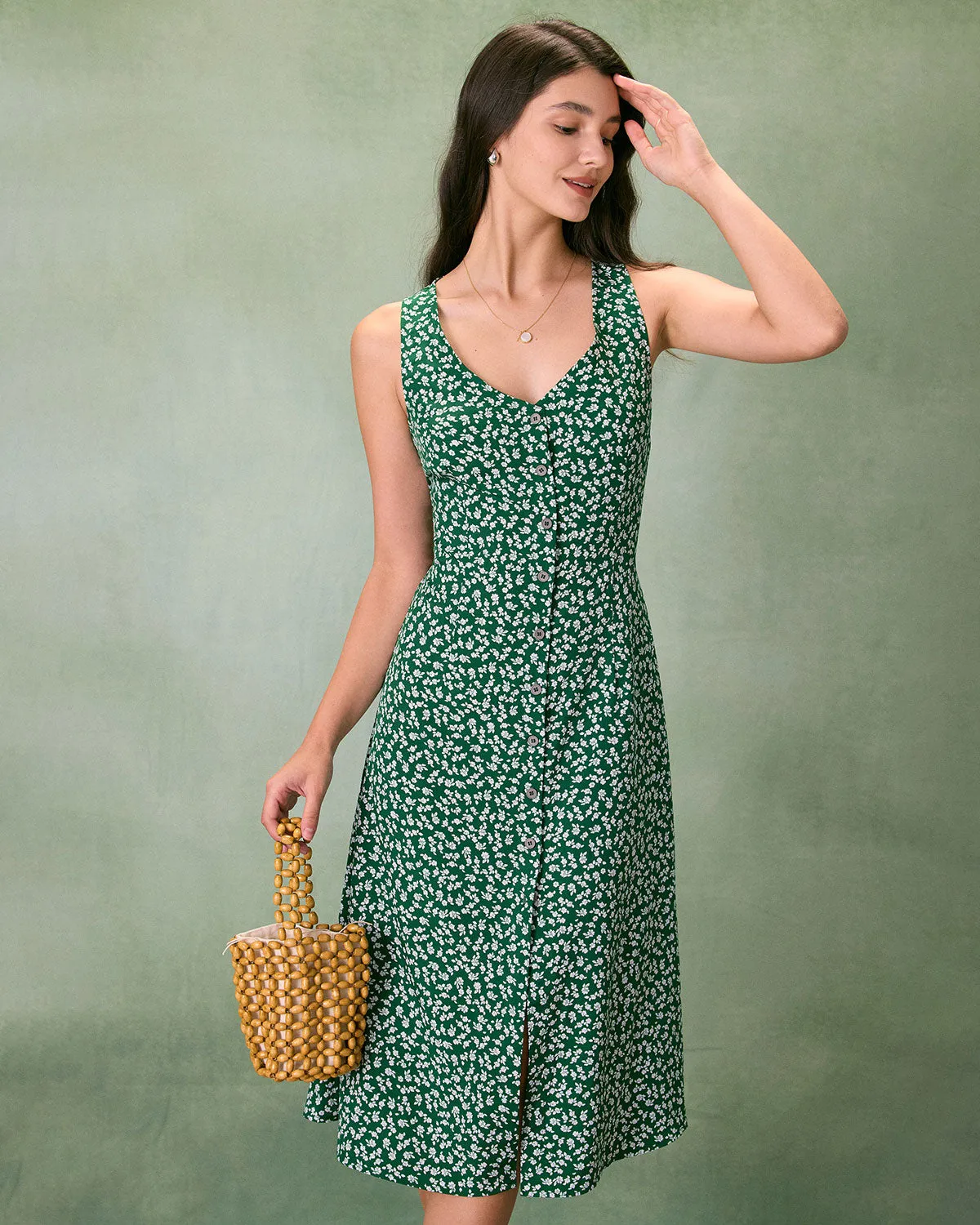 The Green V Neck Floral Button Midi Dress