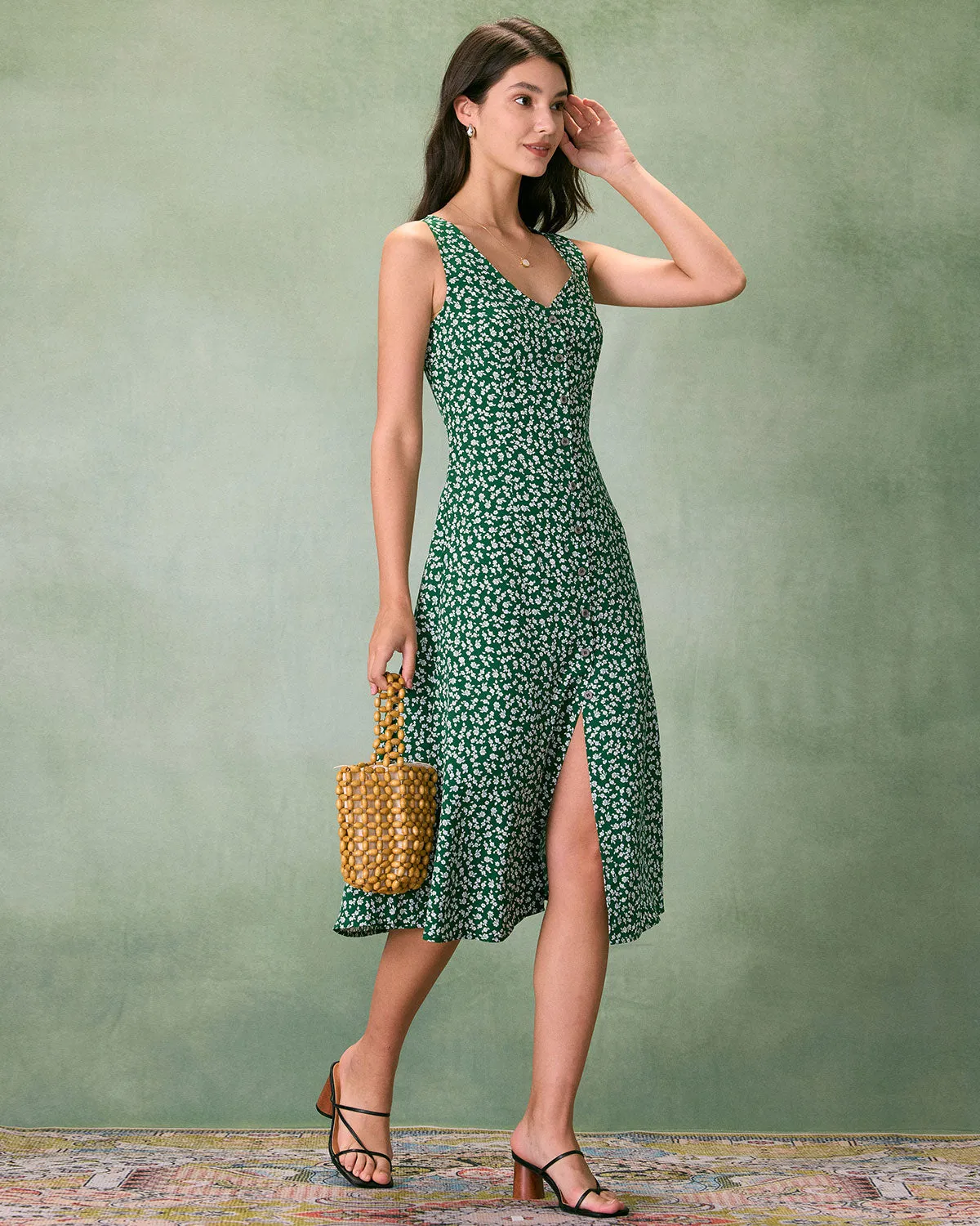 The Green V Neck Floral Button Midi Dress