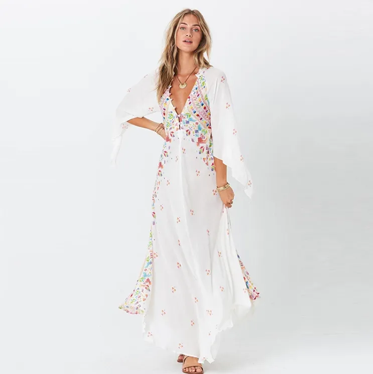 three-quarter sleeve V-neck floral bohemian dress