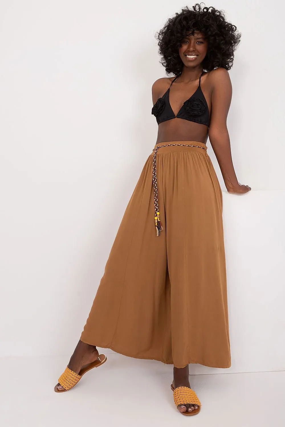 Tie Belt Wide Leg High-Waisted Pants