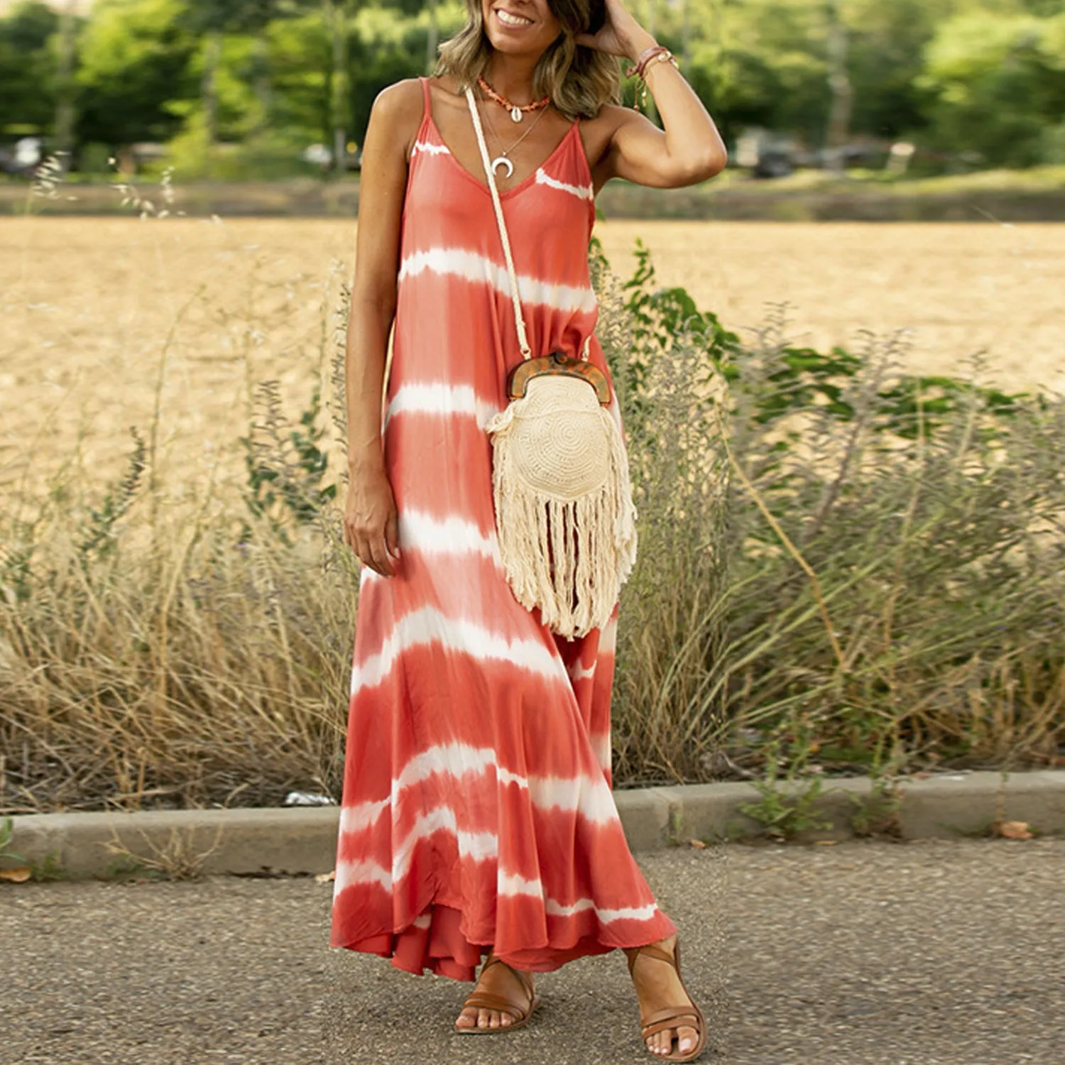 Tie-Dye Slit Suspender Dress