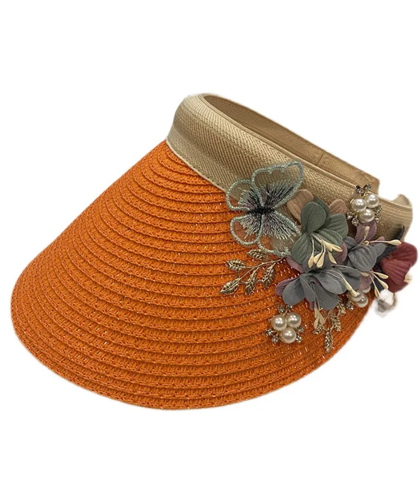 Unique Khaki Floral Straw Woven Floppy Sun Hat