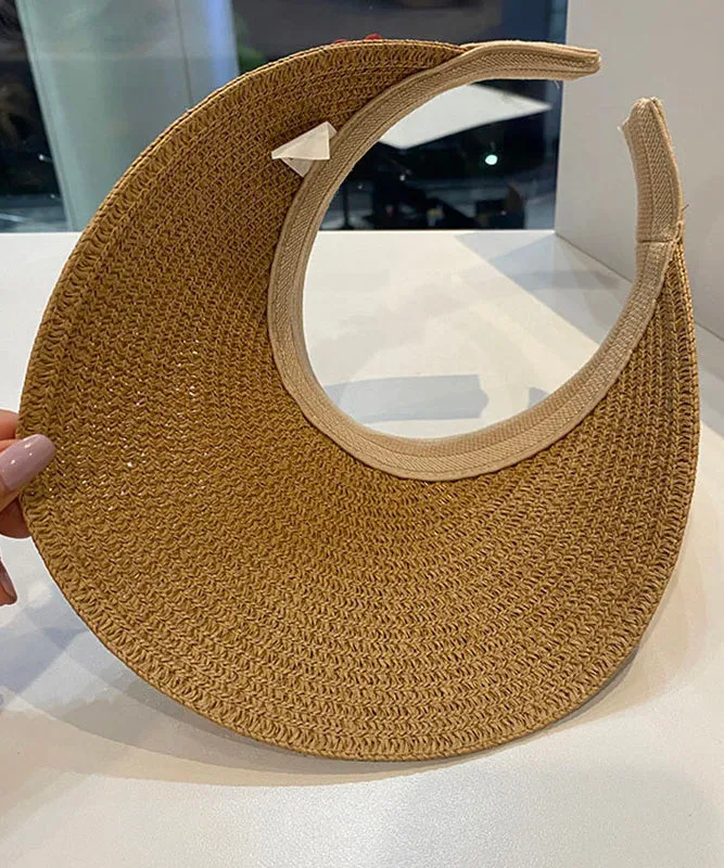 Unique Khaki Floral Straw Woven Floppy Sun Hat